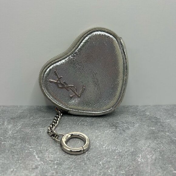 Saint Laurent YSL Metallic Silver Leather Heart Coin Purse with Key Chain - Picture 1 of 15